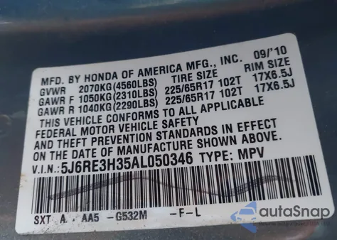 2010 Honda Cr-V Lx from USA, damaged, VIN 5J6RE3H35AL050346